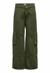 Groene wijde cargobroek met hoge taille, voorzien van zijzakken en ritsen, gemaakt van een katoenmix. Strakke afwerking aan de onderkant.