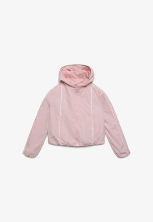 Giacca con cappuccio rosa chiaro con cerniera frontale, orlo elasticizzato, tasche laterali e dettagli in piping bianco su maniche e corpo.