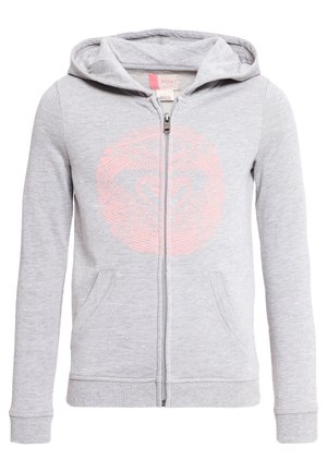 Hellgraues Kapuzen-Sweatshirt mit Reißverschluss, Vordertaschen, einer Kapuze und einem dezenten rosa geometrischen Herzdesign auf der Brust.