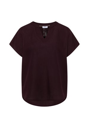 Blouse en lin marron foncé à manches courtes, col rond avec une petite fente en V à l'avant, coupe décontractée avec un ourlet arrondi.