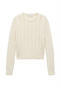 Cremfarbener, kabelgewebter, kurz geschnittener Pullover mit langen Ärmeln, der vertikale Muster sowie gerippte Bündchen und Saum aufweist. Weiche Textur.
