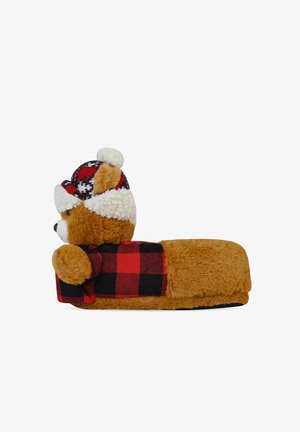 Brown plush bear slipper with a red and black checkered flannel shirt and a knitted hat featuring a pom-pom and white fuzzy trim.