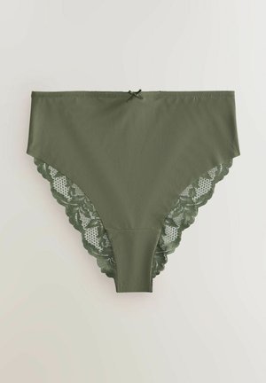 Olijfgroene ondergoed met een gladde voorkant, kanten rand aan de zijkanten en een klein strikje op de tailleband. Naadloze constructie voor comfort.