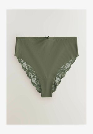 Sous-vêtements vert olive avec un devant lisse, bordure en dentelle sur les côtés et un petit nœud en accent sur la ceinture. Construction sans coutures pour plus de confort.