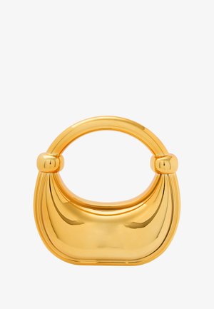 Złota torebka o gładkim, błyszczącym wykończeniu. Zakrzywiona bryła i okrągły uchwyt z zaokrąglonymi akcentami po każdym boku.