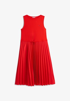 Red dress with a ribbed top and pleated skirt. Features a drawstring waist and small logo detail on the chest. Smooth texture.