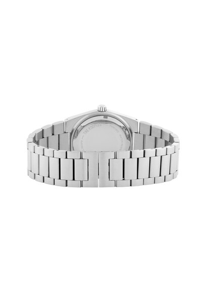 Silver stainless steel watch with a hexagonal case, smooth metal band, and a crown on the right side. Features a brushed surface finish.