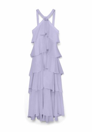 Abito a strati senza maniche in chiffon lilla, con strati arruffati, un accento a rosa al collo e una silhouette fluida che arriva fino al pavimento.