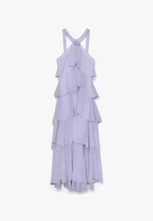 Abito a strati senza maniche in chiffon lilla, con strati arruffati, un accento a rosa al collo e una silhouette fluida che arriva fino al pavimento.