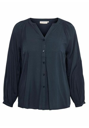 Marineblauwe blouse met een V-hals, knoopsluiting en lange pofmouwen. Gladde stof met subtiele glans en geplooide schouderdetails.