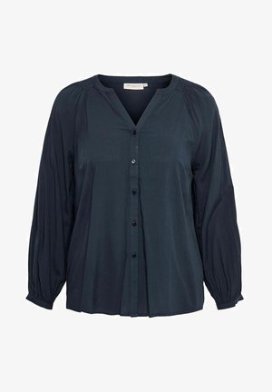 Blouse bleu marine avec encolure en V, fermeture à boutons et manches longues bouffantes. Tissu lisse avec un léger éclat et détails fronçés aux épaules.