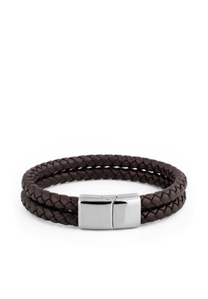 Double-wrap dark brown braided leather bracelet with a shiny silver metal magnetic clasp on a white background.