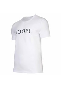 Witte katoenen T-shirt met korte mouwen, ronde hals, met een zwart tekstontwerp "JOOP!" op de voorkant. Glad textuur, casual pasvorm.