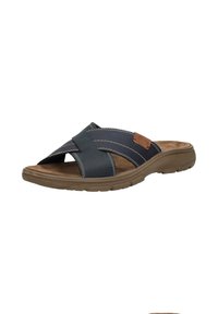 Heren bruine en marineblauwe slippersandalen met gekruiste leren banden en een gevoerde zool.