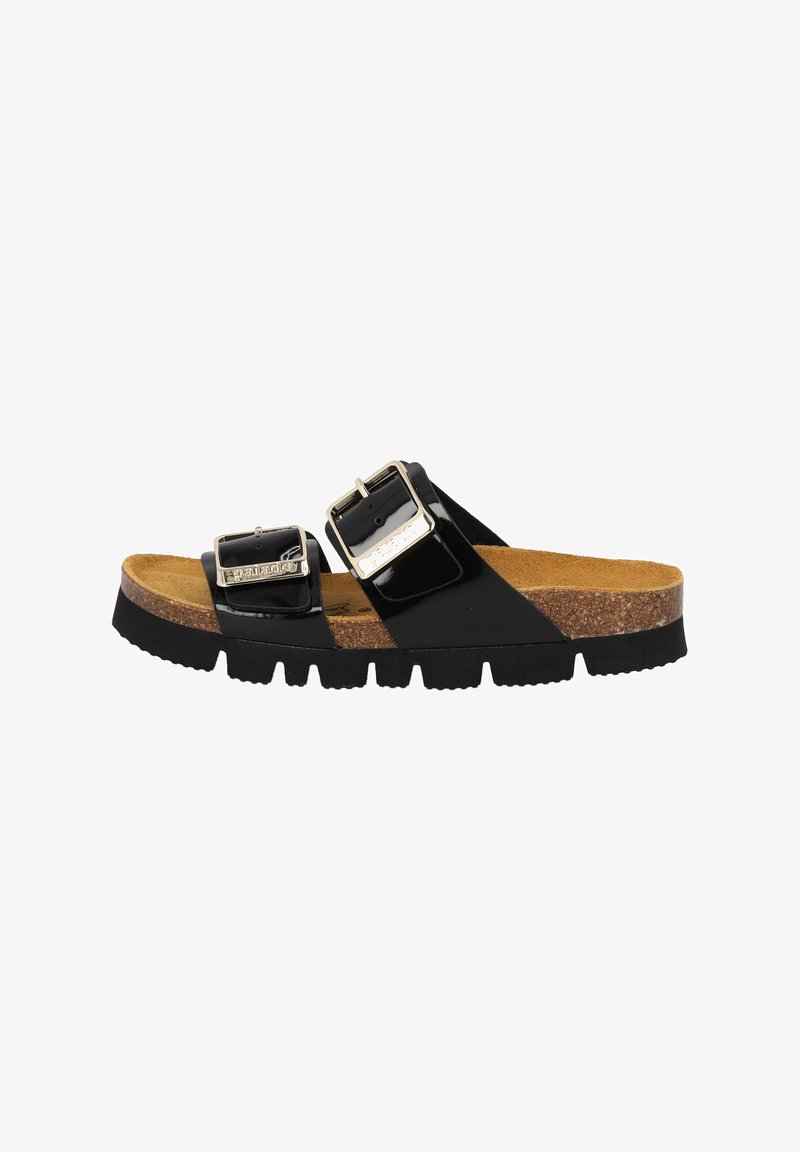 Black slide sandal with two adjustable buckles, cork midsole, textured rubber outsole, and smooth patent finish. Accented with metallic hardware.