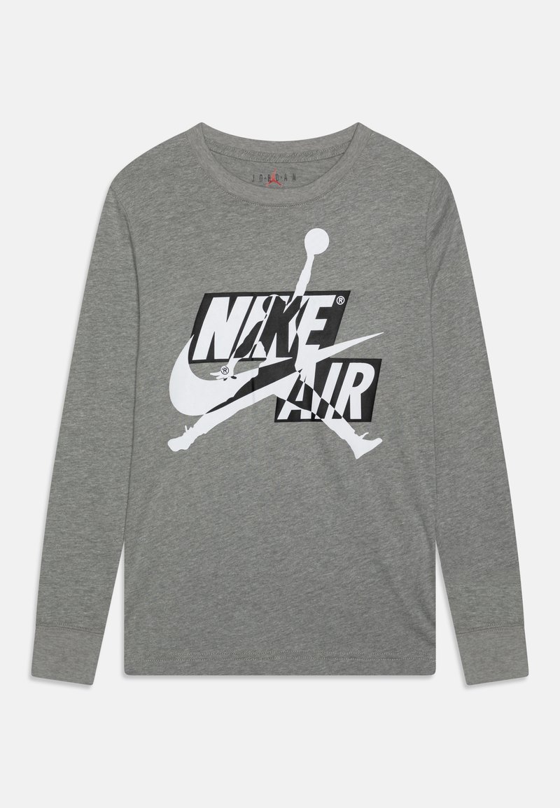 Szara koszulka z długim rękawem wykonana z bawełny, z czarno-białym logo Nike Air oraz sylwetką skaczącej postaci.