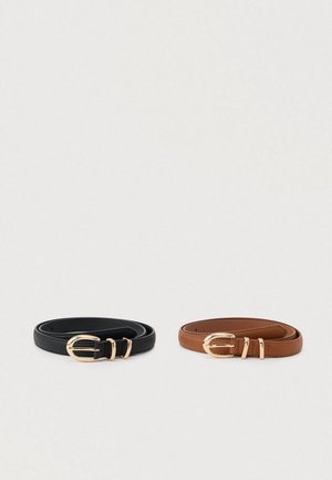 Deux ceintures : une noire et une marron, toutes deux en cuir lisse. Chacune possède une boucle en métal doré et un design épuré et minimaliste.