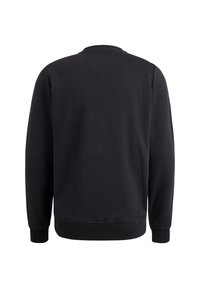 Sudadera negra de mangas largas, con un cuello redondo acanalado y puños, hecha de una tela suave, que presenta un diseño limpio y sin adornos, sin logotipos.