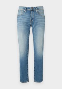 Blugi din denim de culoare albastru deschis, cu secțiuni estompate, croi drept, design cu cinci buzunare și închidere metalică simplă la talie.