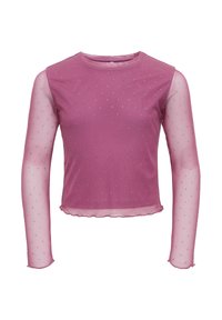 Pink long-sleeve top with a solid body and sheer sleeves. Features a scoop neckline, textured with small rhinestones throughout. Scalloped hem.