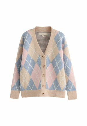 Buttoned cardigan with a beige base and large pastel pink and blue argyle diamond pattern, featuring ribbed cuffs and hem.