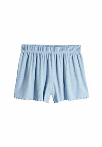 Pantaloni corti azzurri in tessuto testa, dotati di una vita elastica e un orlo scallop. Senza fantasie o accenti aggiuntivi.