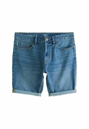 Denim shorts with rolled cuffs, button closure, belt loops, front pockets, and light fading on thighs, displayed flat on white background.