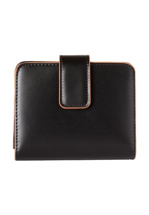 Portefeuille en cuir noir avec bordure orange et fermeture à sangle frontale, présenté fermé sur un fond blanc.