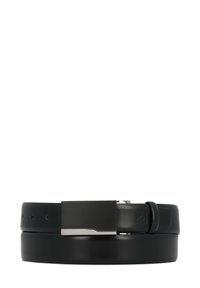 Cinturón negro de cuero con acabado suave, que presenta una hebilla metálica elegante y múltiples orificios de ajuste para personalizar la talla.