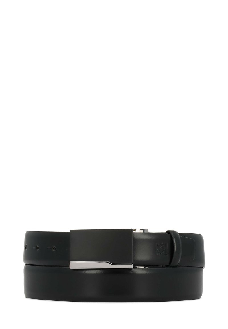 Cinturón negro de cuero con acabado suave, que presenta una hebilla metálica elegante y múltiples orificios de ajuste para personalizar la talla.