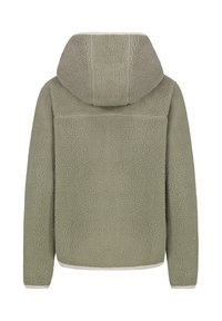 Fleece jacket in olive green with a soft, textured fabric, a hood, and contrasting trim along the hem and cuffs.