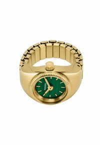 Guld-tone ur med en rund kasse, grøn urskive og guld timemarkører. Har en struktureret bezel og et sammenkoblet metalbånd.