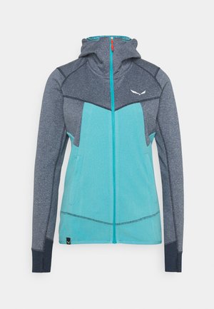 Damska kurtka z kapturem na całej długości zamka, z długimi rękawami, z turkusowym korpusem, szarymi ramionami i rękawami oraz małym białym logo na piersi.