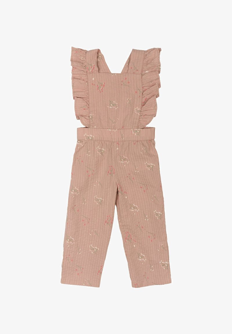 Kovanje iz bombaža v barvi prah rožnate z ruffled naramnicami in cvetličnim vzorcem. Tekstuirana tkanina z oprijetim pasom in ravnimi hlačami.