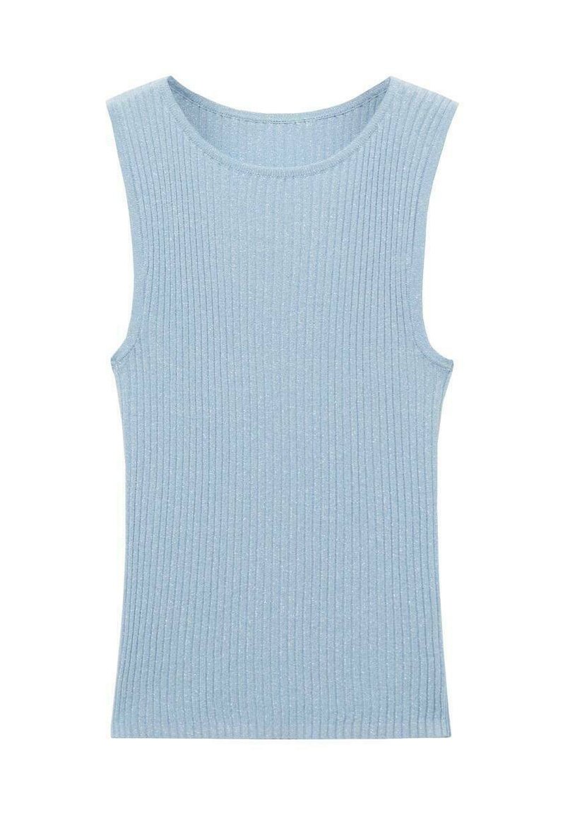 Himmelblaues, geripptes Tanktop mit rundem Ausschnitt und ärmellosem Design. Hergestellt aus einem strukturierten Material, mit einer figurnahen Silhouette.