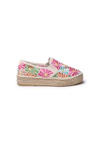Scarpa slip-on ricamata in crema con motivi floreali colorati, suola in corda di juta, punta rotonda e pannelli laterali elastici per indossarla facilmente.