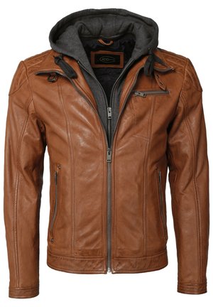 Braune Lederjacke mit grauem Hoodie-Futter, Reißverschluss und mehreren Reißverschlusstaschen. Verfügt über kontrastierende Nähte und eine strukturierte Oberfläche.