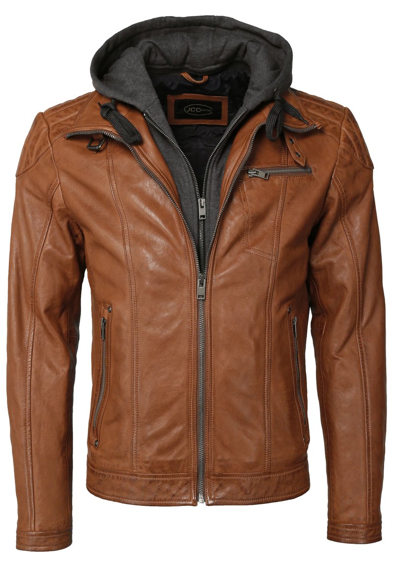 Braune Lederjacke mit grauem Hoodie-Futter, Reißverschluss und mehreren Reißverschlusstaschen. Verfügt über kontrastierende Nähte und eine strukturierte Oberfläche.