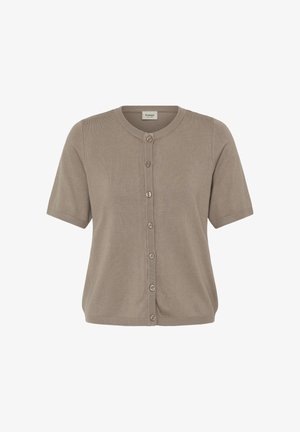 Rövid ujjú taupe színű gombos kardigán kerek nyakkal és hét gombbal, finom kötött anyagból készült.
