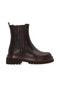 Hnědé kožené kotníkové boty s vroubkovanými postranními panely, kulatou špičkou a silnou, strukturovanou gumovou podrážkou s mírným podpatkem.