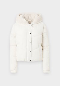 White puffer jacket featuring a faux fur-lined hood, snap-button closure, side pockets, and vertical quilted pattern for insulation.