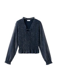 Mornarsko modra bluzka z strukturiranim, nabranim zgornjim delom, nabrano ovratnikom in dolgimi rokavi s prilagojenimi manšetami. Ima detajl s vezi okoli vratu.