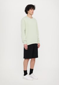 Felpa verde chiaro con maniche lunghe e scollo rotondo. Abbinata a pantaloni corti neri con dettagli con zip laterale. Sneakers bianche e calzini neri.