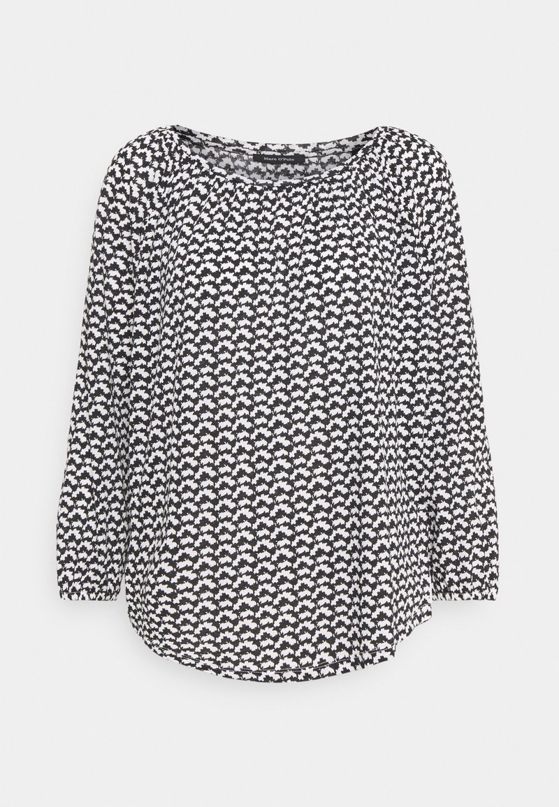 Schwarz-weißes Langarmbluse mit einem blattähnlichen Muster, Rundhalsausschnitt und abgerundetem Saum. Aus leichtem Stoff gefertigt.