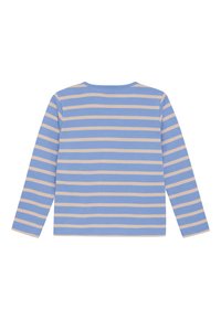 Tegen de witte achtergrond wordt een peuter shirt met lange mouwen getoond. Het shirt heeft blauwe en witte horizontale strepen en een ronde hals.