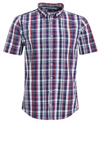 Kortärmad skjorta med knappstängning i röd, blå och vit rutig mönster samt krage.