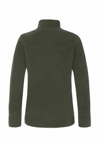 Olive zielona bluza polarowa z wysokim kołnierzem, długimi rękawami, gładką fakturą i zaokrąglonym dołem z tyłu; brak widocznego logo lub ozdób.