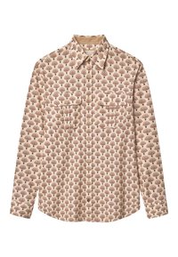 Camicia a maniche lunghe con bottoni di un beige chiaro, caratterizzata da un motivo a ventaglio marrone ripetuto; presenta due tasche frontali e un colletto a punte.