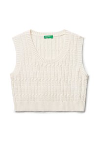 Cremefarbenes, gestricktes, ärmelloses, kurzes Sweater-Westen mit Kabelmuster und Rippstrickbesatz am Ausschnitt, den Armlöchern und dem Saum.