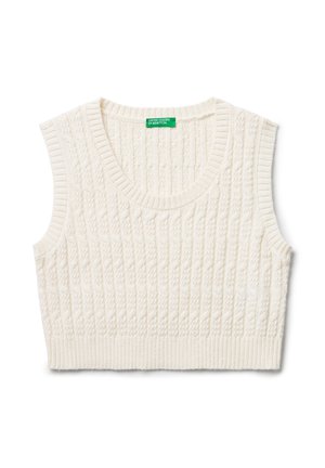 Gilet a maniche corte e in maglia color crema, con motivo a treccia e trim a costine attorno al collo, alle armature e all'orlo.